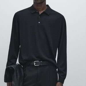 Massimo Dutti Black Merino Wool Polo